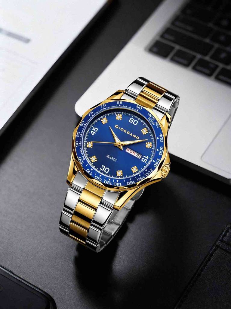 Giordano Two-Tone Analog Watch For Men - Crystal Hour Markers, Textured Bezel Design, Day & Date Display, Stainl : GZ-50177-22