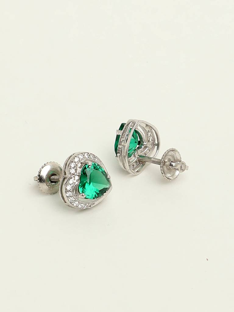 92.5 Sterling Silver Rhodium Plated Swiss Zirconia Dark Green Heart Stud Earrings With Screw Back Gift For Wome : CSCLRE1HT_EM