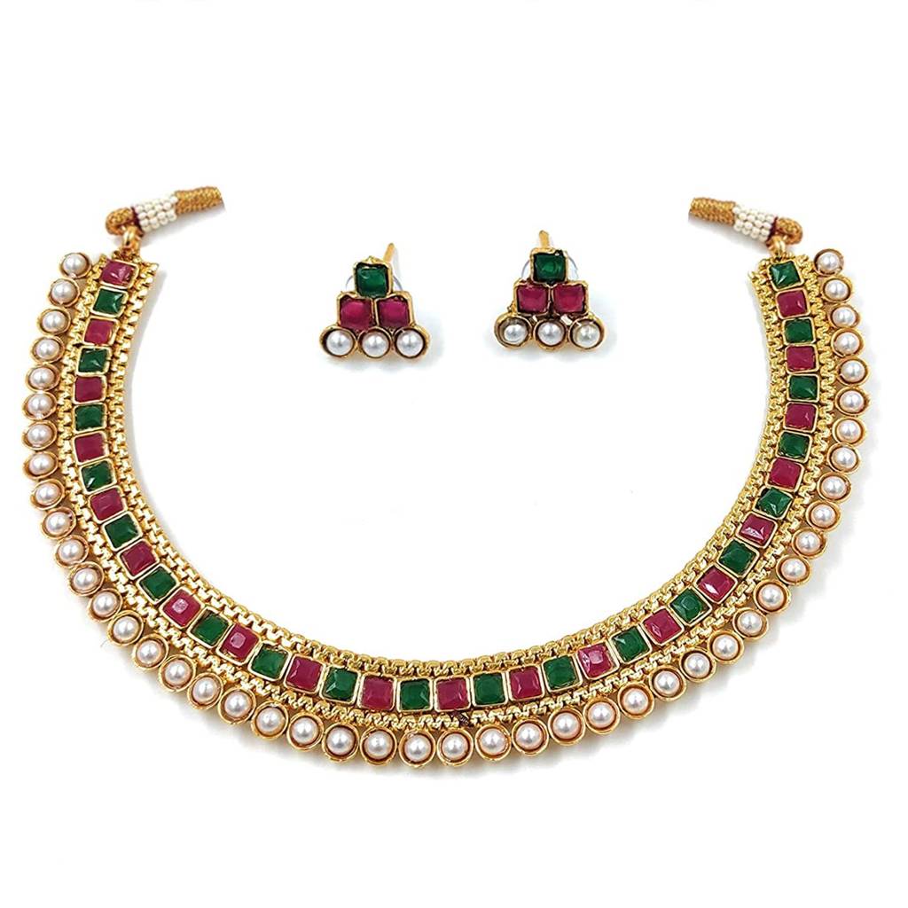 Peora Traditional Gold Plated Choker Necklace & Stud Earrings Jewellery Set For Women Girls : PF04N3391RG