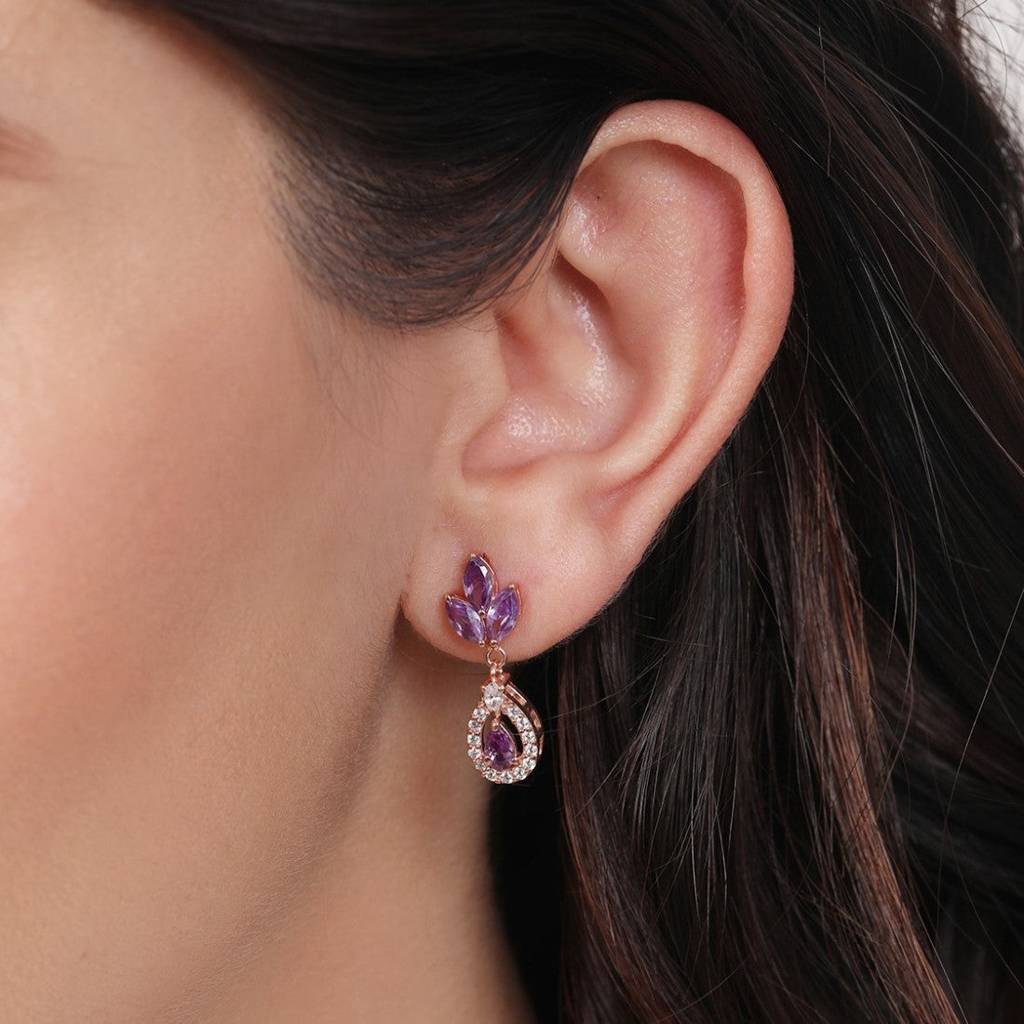 Sparkling Amethyst Rose Gold-Plated 925 Sterling Silver Dangle Earrings : EAR-20746-RG