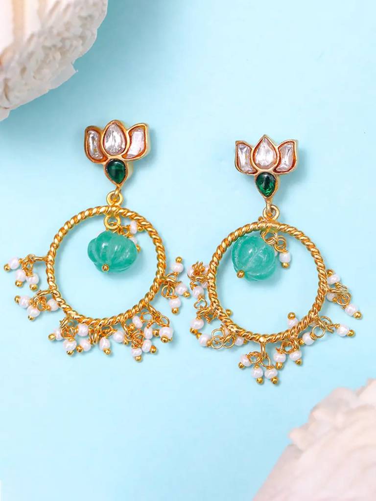 Silver 92.5 Lotus Earring With Green Bead : U080SG0011E1170