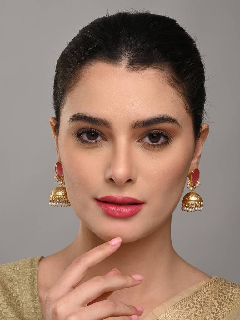 Gold Finish Pearl Dome Jhumka Earrings : S24JJER211PNK