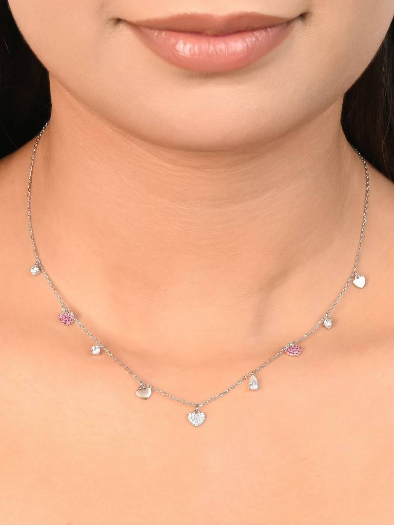 925 Silver Necklace With Pink And Clear Cubic Zirconia Heart Drops And Subtle Two-Tone Accents—A Refined Silver Nec : DZNC1959