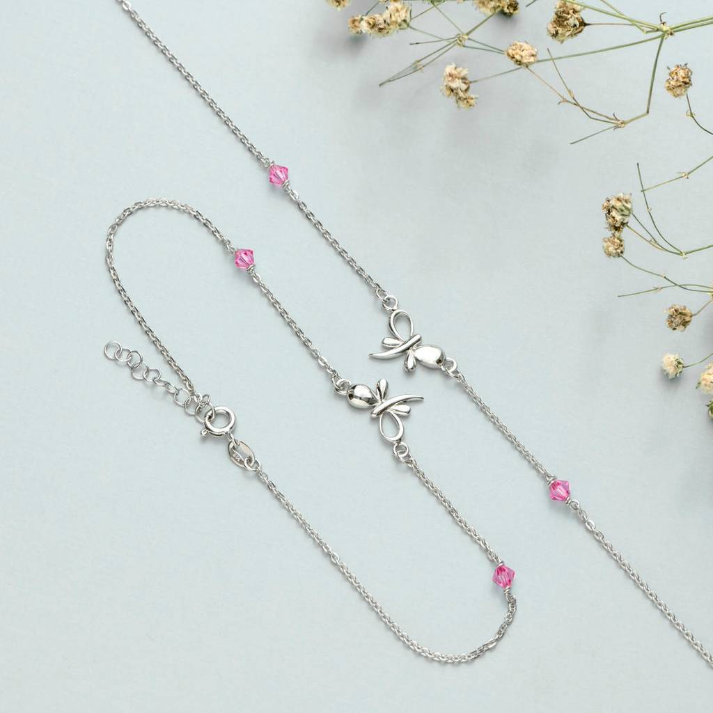 Butterfly With Studded Stone 925 Sterling Silver Anklets : ANK-60141-PAIR