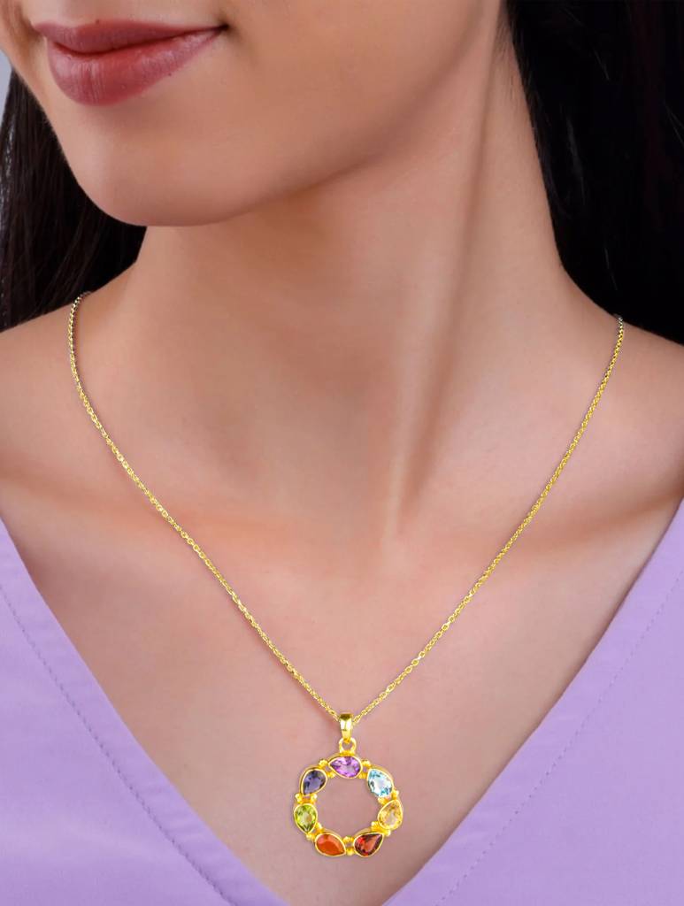 925 Sterling Silver Gold Plated Chakra Pendant With Chain For Women || Gemstone Pendant | Handmade Jewelry | Elega : FU-086G-C