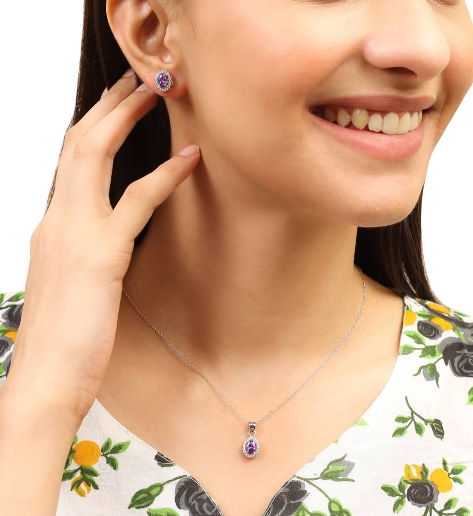 Iski Uski 925 Sterling Silver Maitri Amethyst Pendant Set
