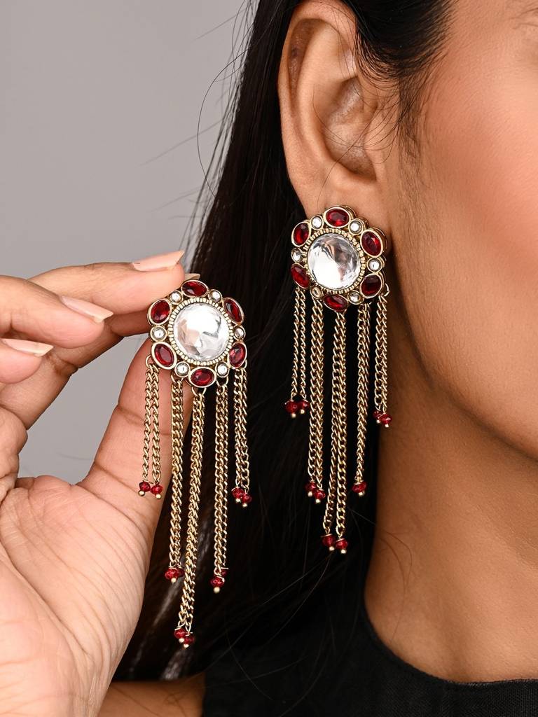 Kundan Tassel Drop Earrings : S24FAER519RED