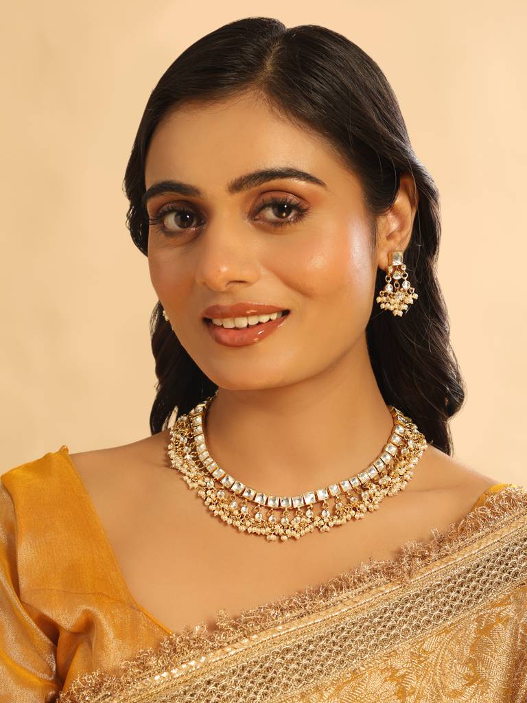22K Gold Plated Ivory Dusk Kundan Necklace Set : YI24A0453N