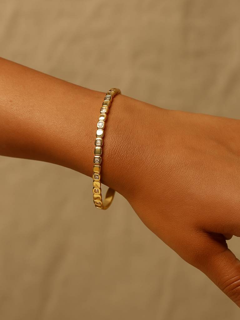Gold Quad Pattern Semi-Studded Bracelet For Women Â Anti-Tarnish Stainless Steel Kada With Ad Stones | Fits 2'4 : ATB540QSSB