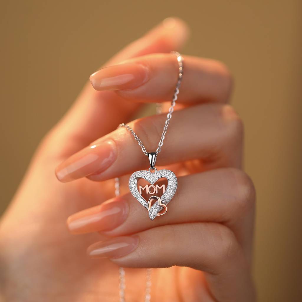 925 Sterling Silver Rosegold Dual Heart Mom Pendant With Chain, Mother'S Day Gift : BRDRPN155