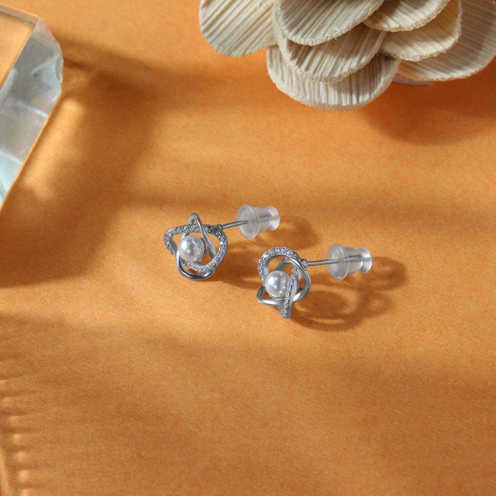 Golden Orbit Pearl & Zircon Stud Earrings : TRSRDJ0188Silver