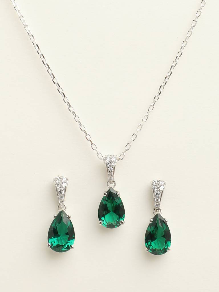 92.5 Sterling Silver Rhodium Plated Swiss Zirconia Dark Green Tear Drop Pendant Earring Chain Jewellery Set G : CSCLRP4E4PR_EM
