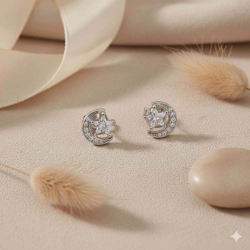 925 Pure Silver Crescent Moon Stud Earrings : TWP1358