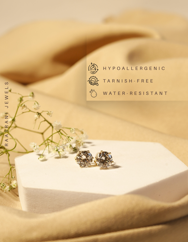 Gold-Plated Solitaire Big Stone Stud Earrings Â Stainless Steel, Premium Ad Stone, Hypoallergenic & Anti-Tarnish : S925E547SBS