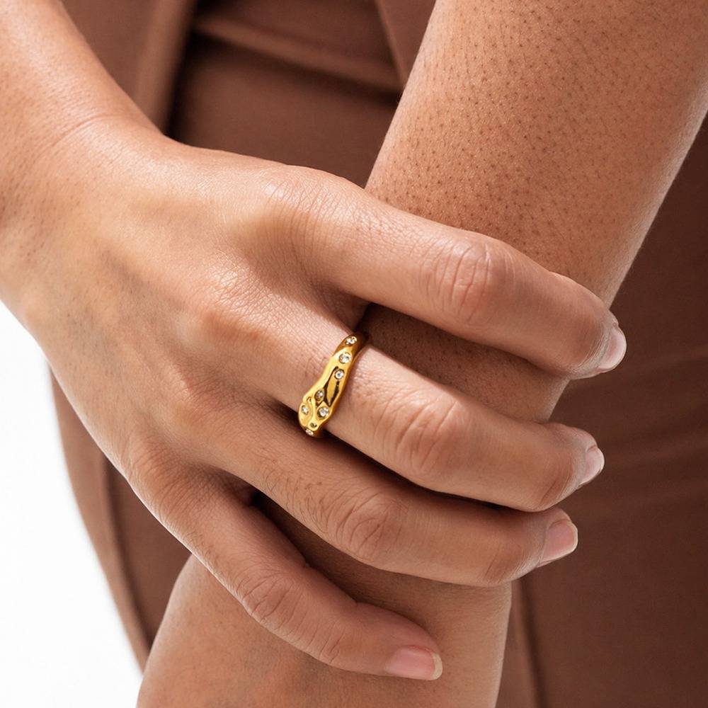 Gold-Plated Crystal Studded Dome Band Ring : 1010831