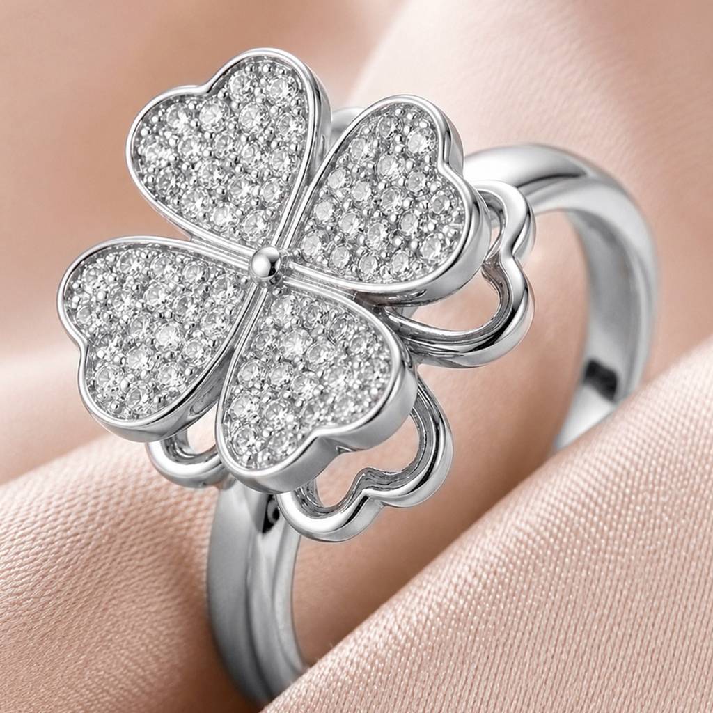Silver Luxury Four Leaf Clover Revolving Adjustable Anti-Tarnish Copper Ring : JW-HSPS60MB1973