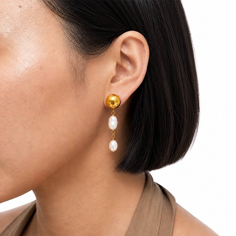 Women 18K Gold-Plated Metallic Dome Studs With Natural Baroque Pearl Linear Drops : 101144