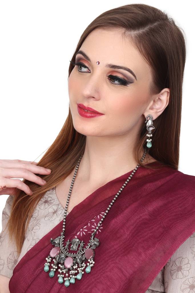 Tribal Elephant Motif Oxidised Necklace Set : F23ARER133SLV