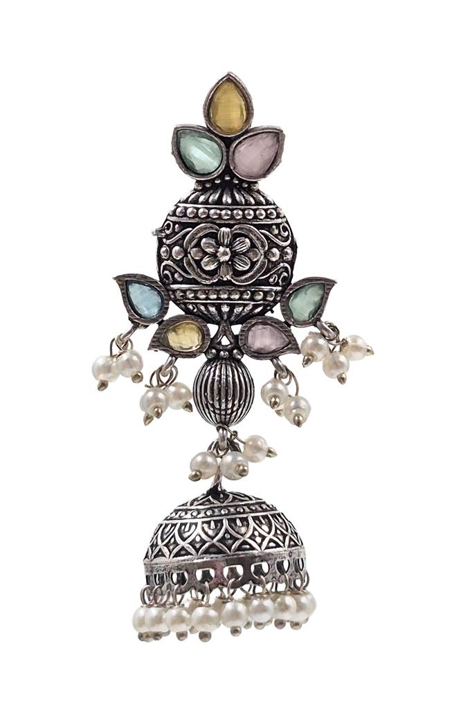 Oxidised Silver Aqua & Ruby Pearl Jhumkas : NA_ST_ER_231_3