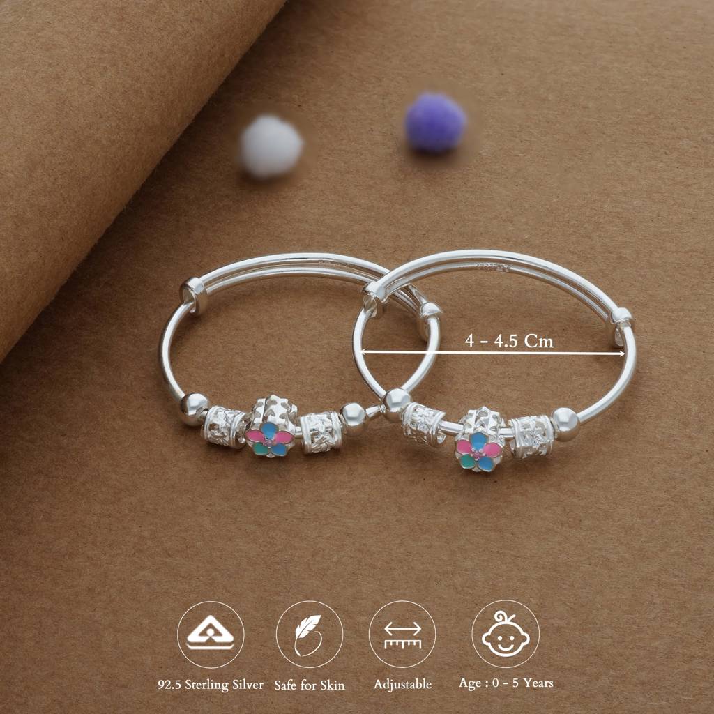 Iyal Dual Floradot Silver Kid Bangles (0-5 Yrs) | 999 Hallmark | Adjustable | Lightweight : KB-CC-RH-A-280-P