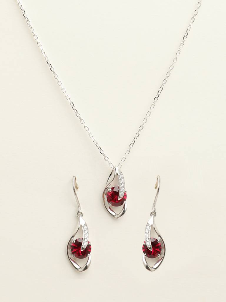 92.5 Sterling Silver Rhodium Plated Swiss Zirconia Blood Red Eye Pendant Earring Chain Jewellery Set Gift For : CSCLRP3E3RD_RU