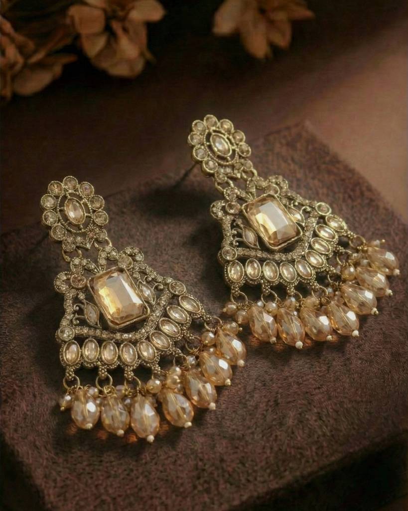 Gold - Plated Antique Gold Champagne Stone Long Earrings For Women : RJ122