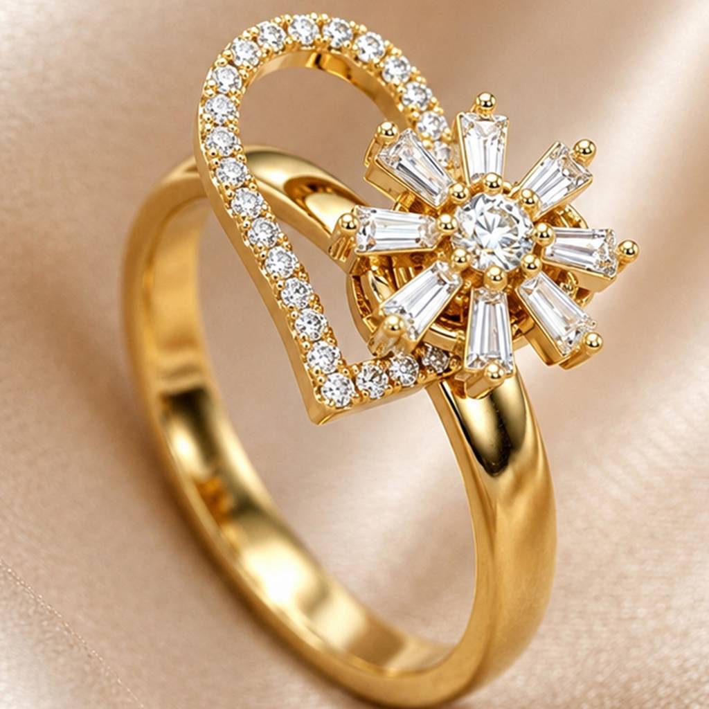 Gold Revolving Heart Blossom Adjustable Anti-Tarnish Copper Ring : JW-HSPS60MB1978