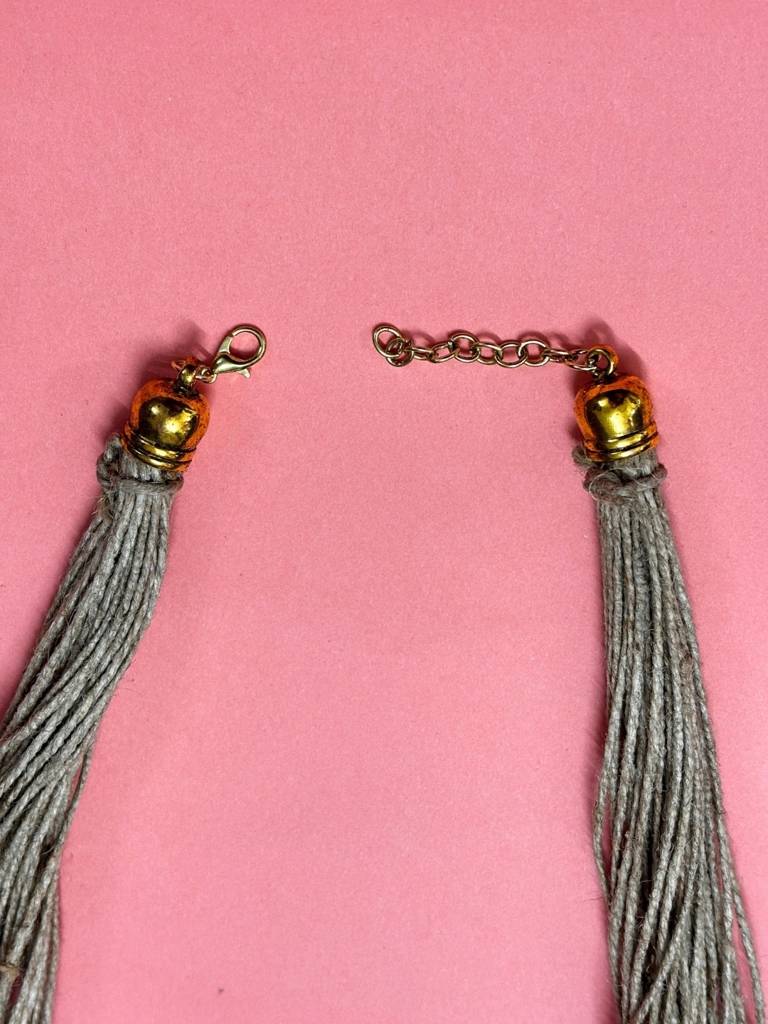 Brass And Jute Oxidised Gold Studded Crochet Necklace : VI26JSOX100054