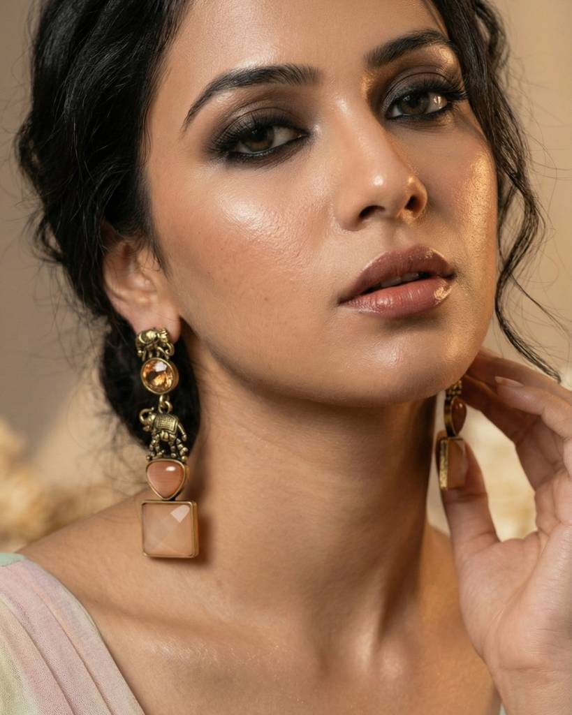 Antique Gold Elephant Design Long Drop Earrings : N106Orange