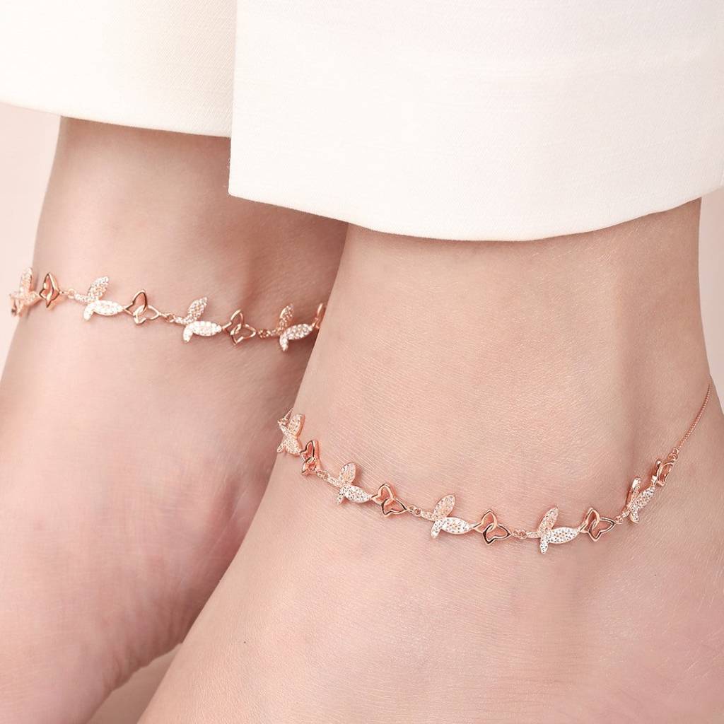 Butterfly Rose Gold Plated Embraced 925 Sterling Silver Anklet : ANK-60375-PAIR-RG