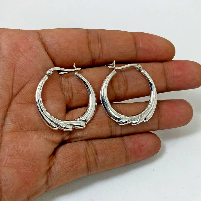 925 Sterling Silver Chunky Round Textured Hoops | Oval Puffy Hoop Earrings : TWP1161