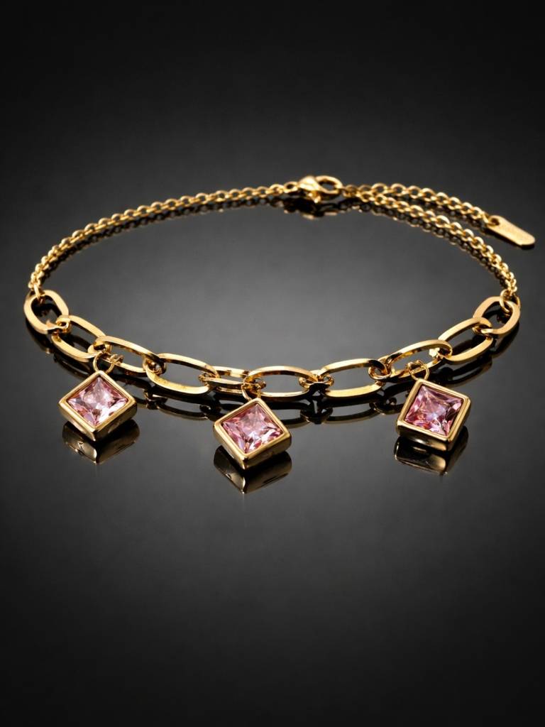 Quad Pink Charm Gold Bracelet | Anti-Tarnish Cz Chain Bracelet : ATCB753QPCB