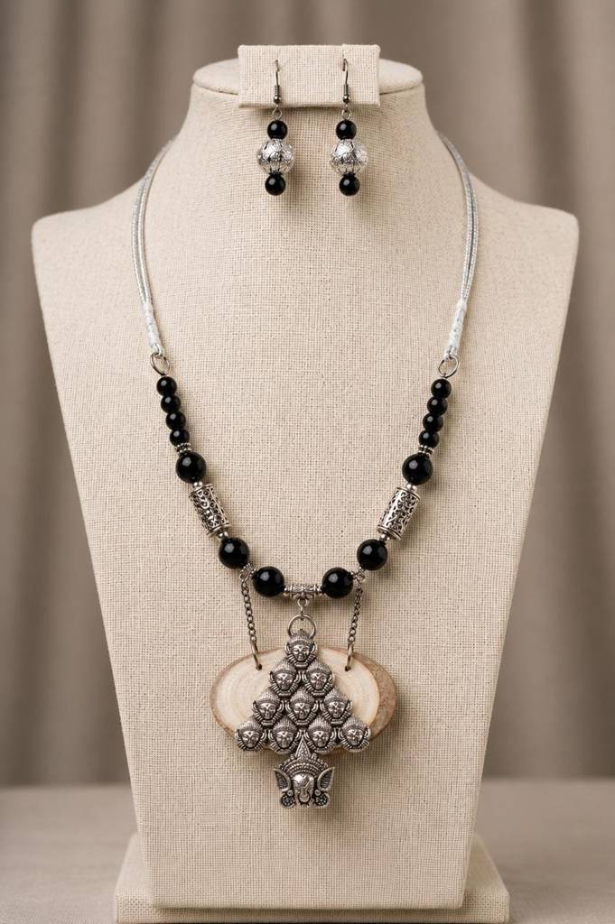 Gulnaar Oxidised Silver Filigree Bead Necklace Set : HM45