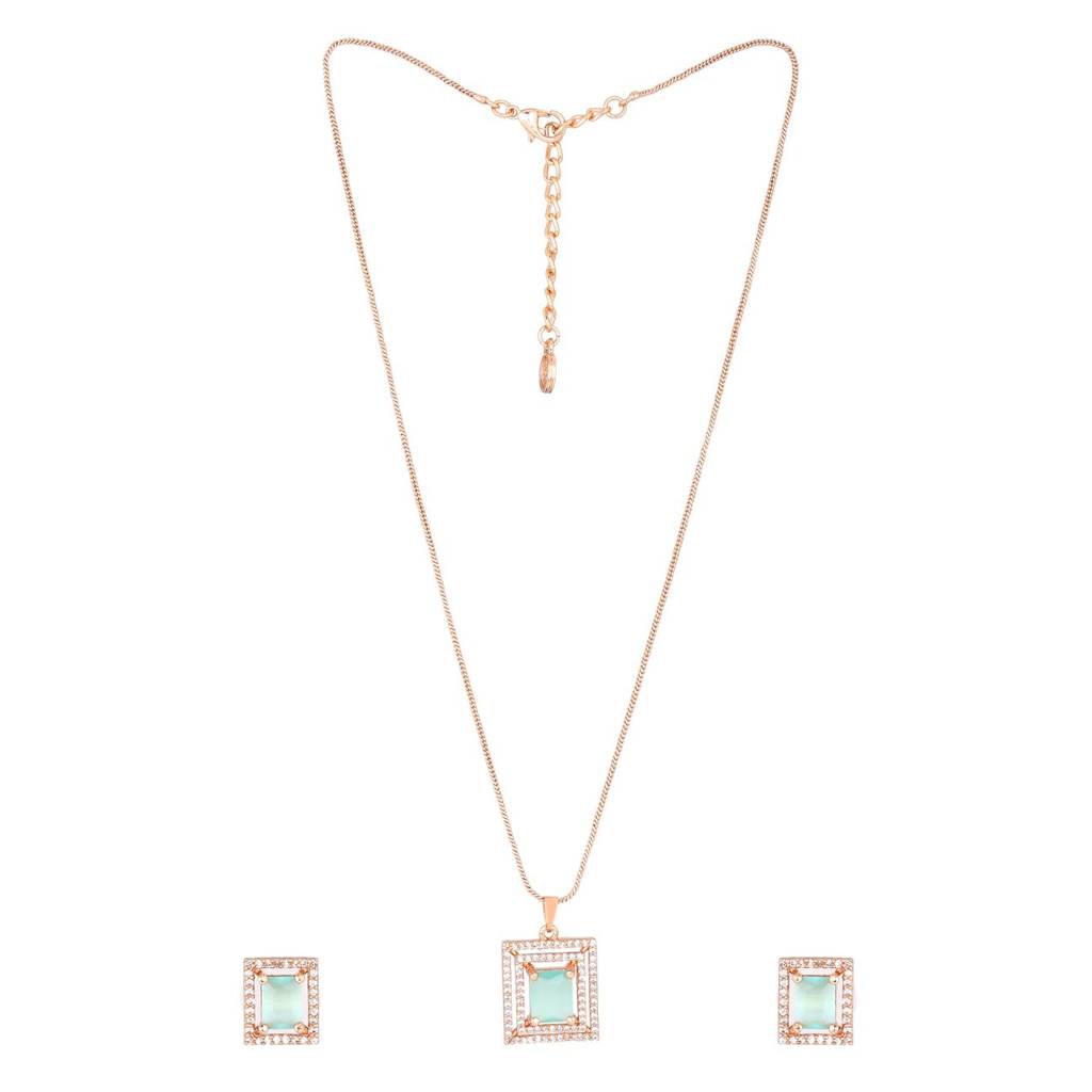Estele Rose Gold Plated Cz Square Designer Pendant Set With Mint Green Crystals For Women