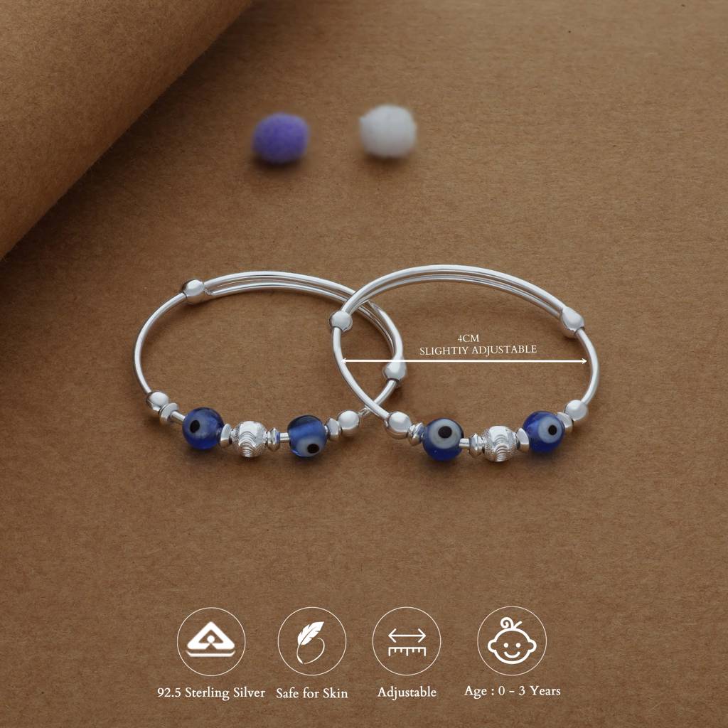 Iyal Nazar Blue Pearl 925 Silver Kids Bangles (0-3 Yrs) : KB-CC-RH-E-355-P