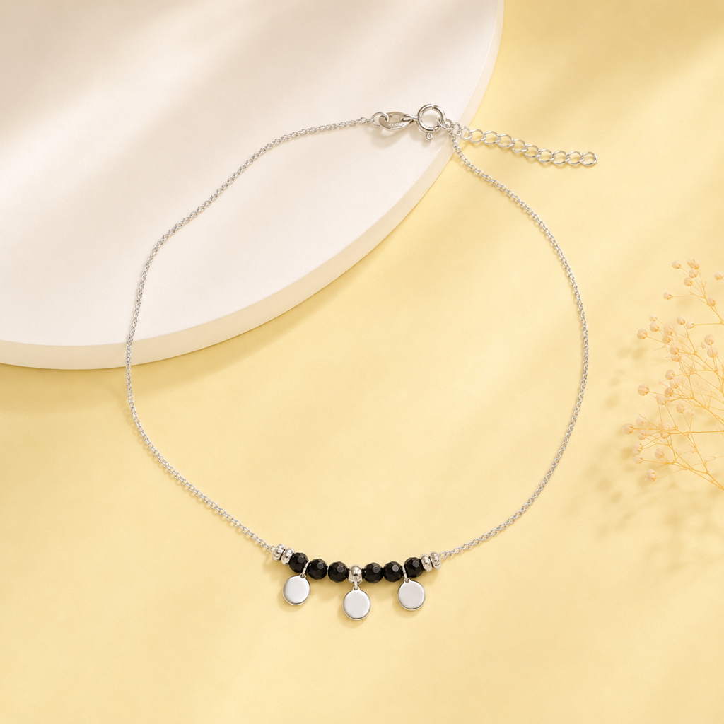 Silver Black Bead Charm Anklet : AN03725