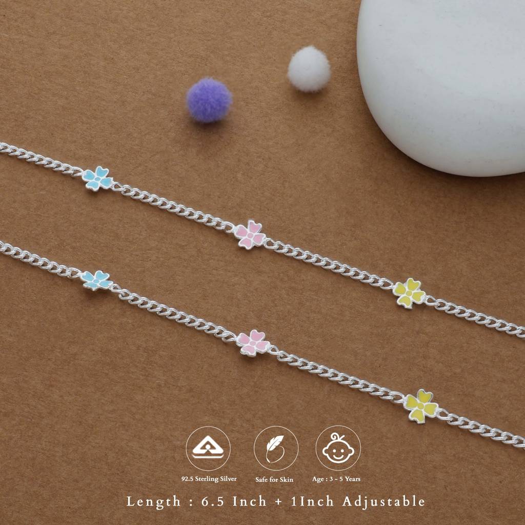 Colourful Blossom 925 Silver Kids Anklet (3-5 Yrs) : KA-KC-RH-R-177-P