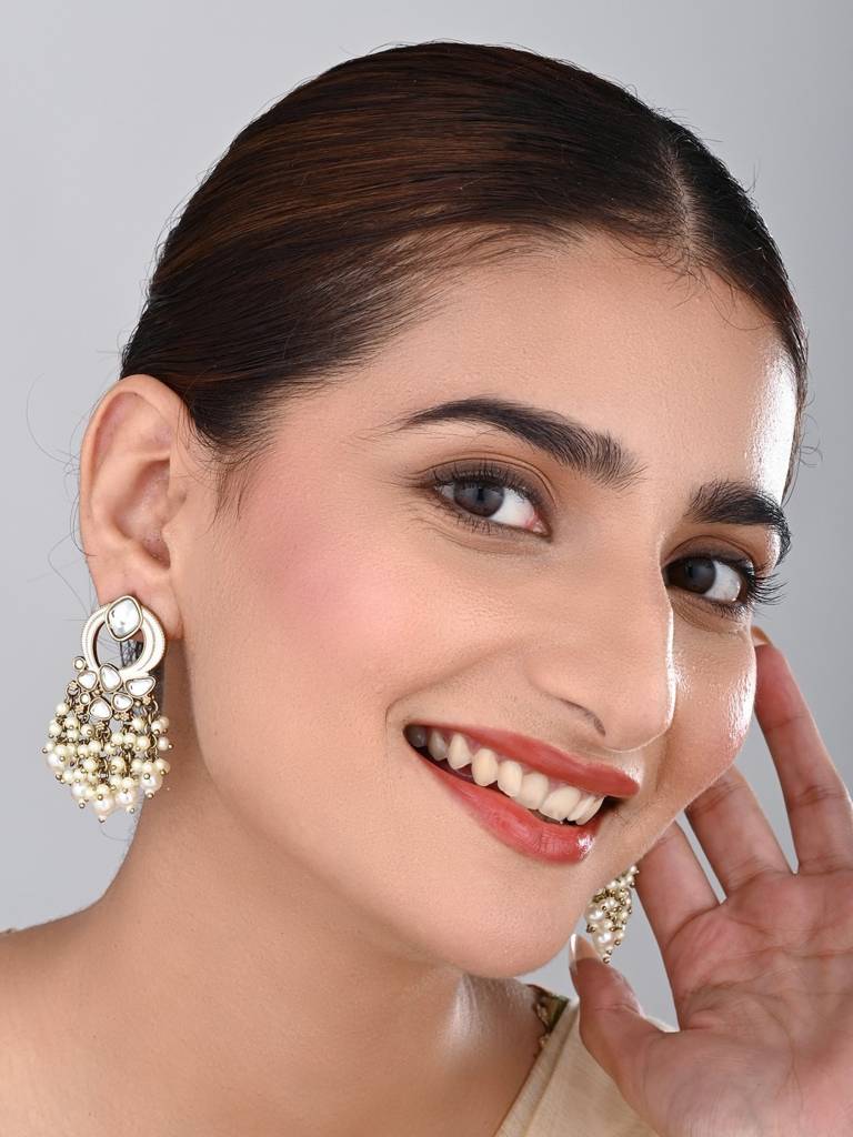 Gold-Plated Meenakari Stud Earrings With Kundan & Pearl Cluster Drops : S24FAER408WHT