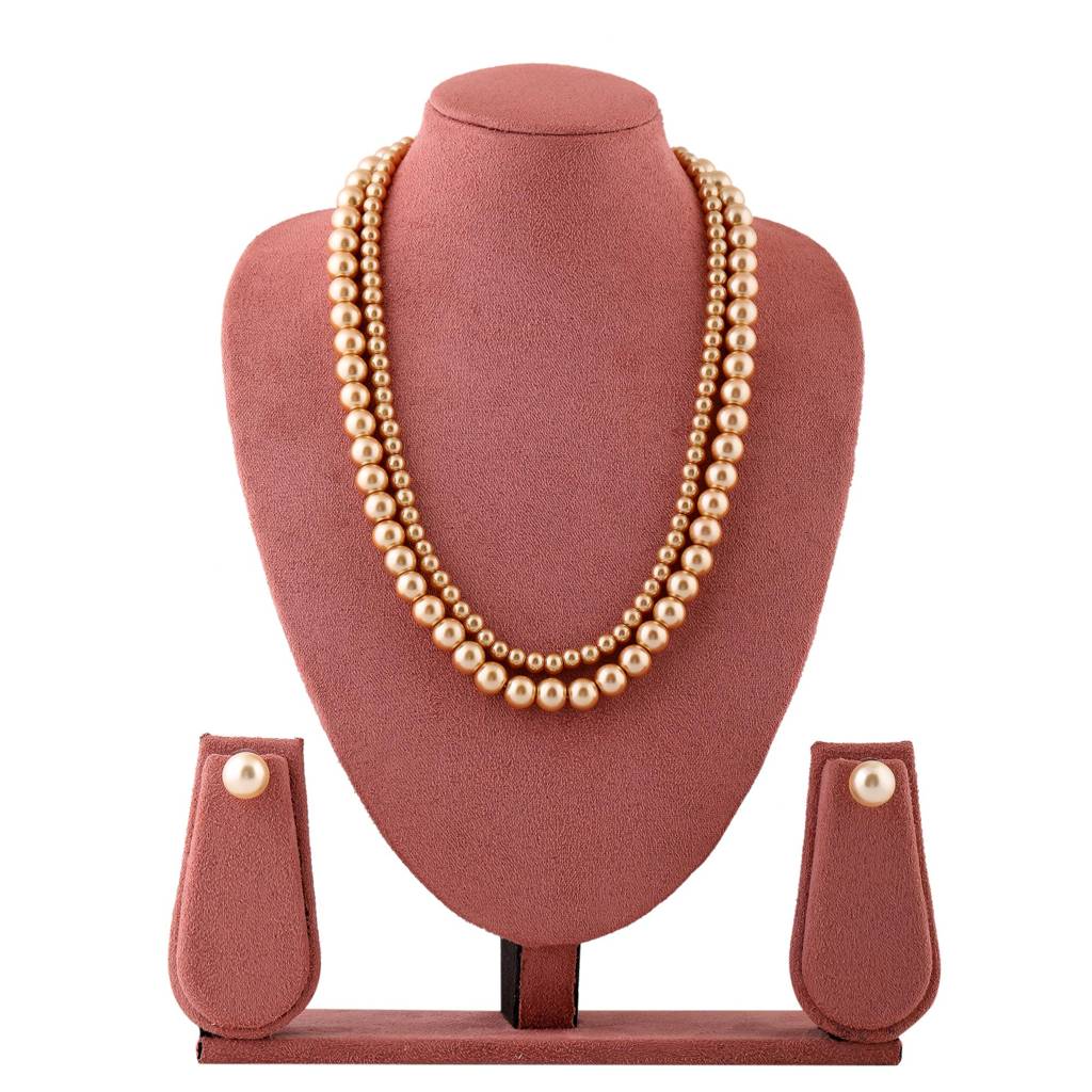 Estele Rhodium Plated Beautiful Double Line Pearl Necklace Set For Women
