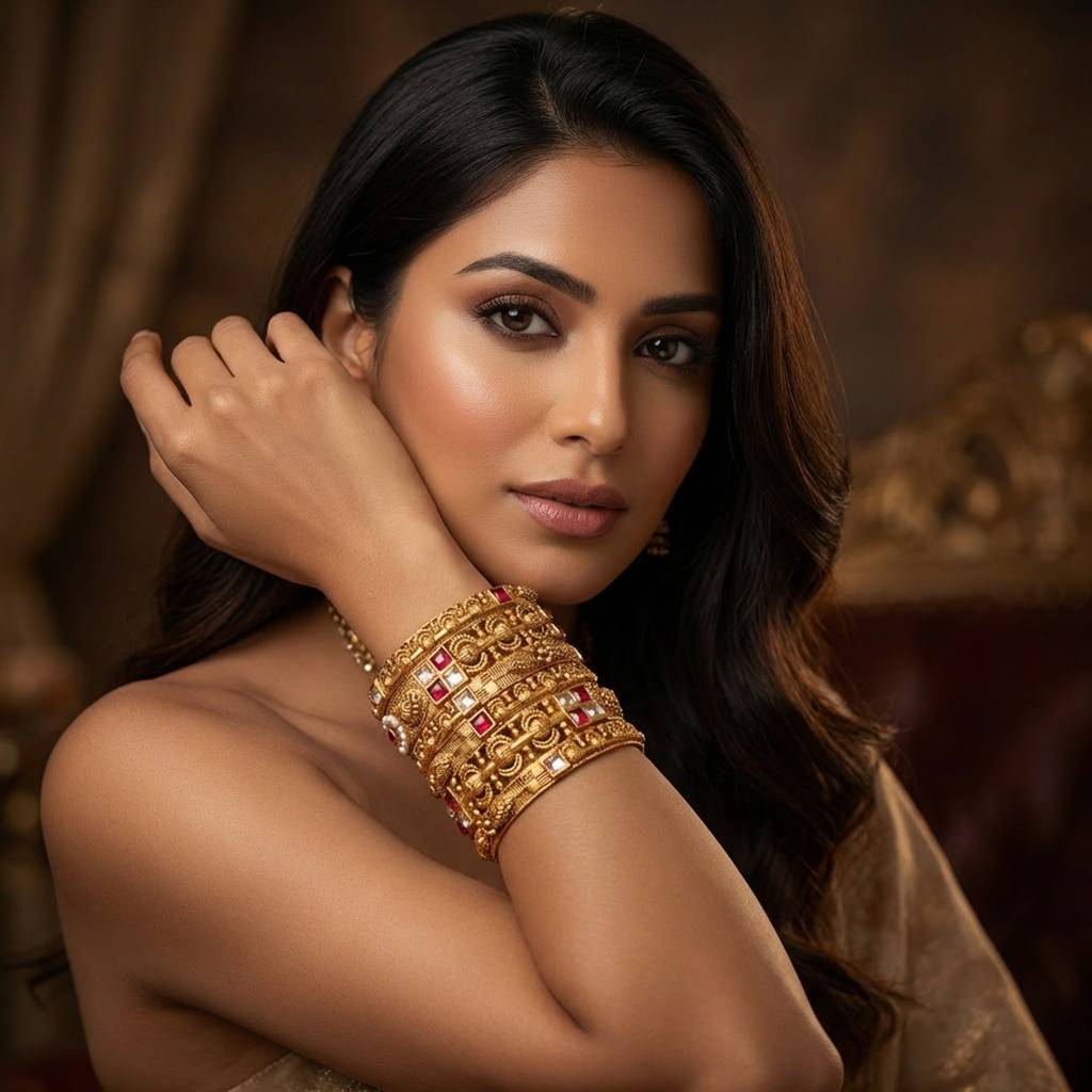 Antique Gold Plated Bangle Stack With Ruby & Clear Cz Stones – Traditional Indian Bridal Set : BV-BG-2-24