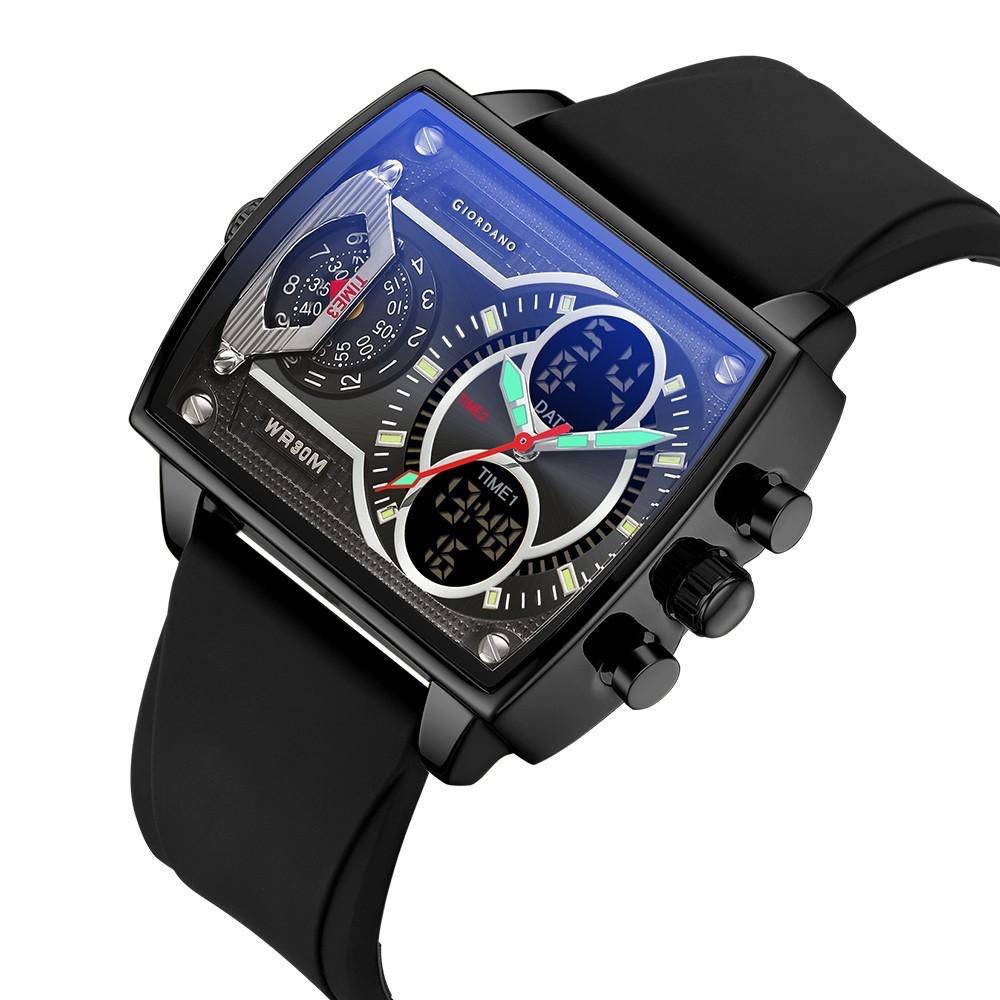 Giordano Square Analog-Digital Watch For Men – Triple Time Zone Displa, Silicone Strap : GZ-50161-01