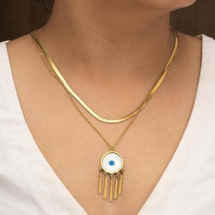 Evil Eye Anti Tarnish Charm Necklace & Earring Set For Women : HSPS60MB0656