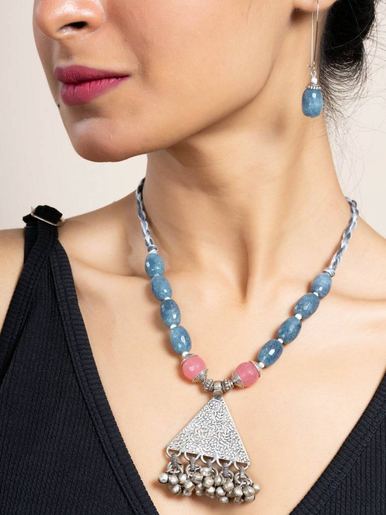 Handmade Semi Precious Pink Grey Onyx Jade With German Silver Tribal Pendant Necklace Set With Matching Earrings And : LAANP90