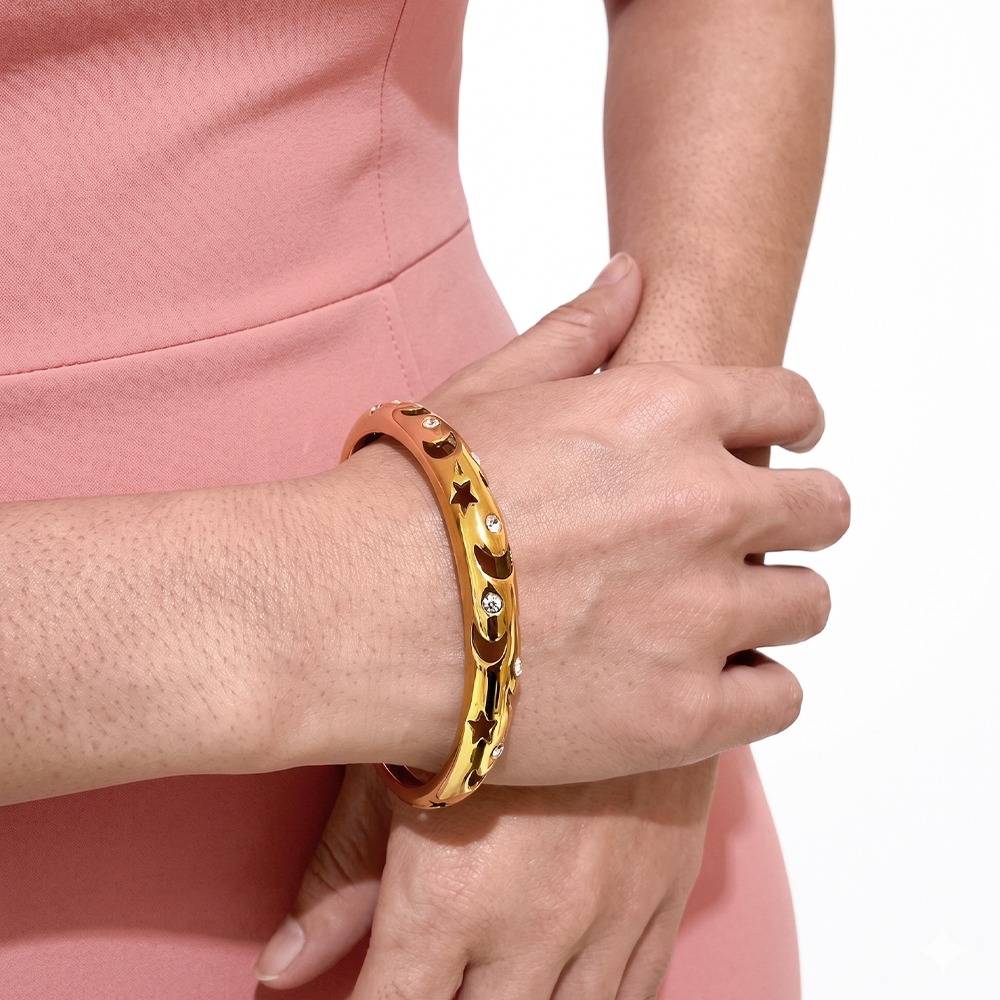 Gold-Plated Crystal Studded Celestial Cutwork Cuff Bracelet : 101049