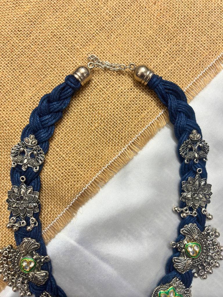 Oxidised Silver Plated Floral & Peacock Charm Bohemian Meenakari Jute Necklace : VI26NK0098