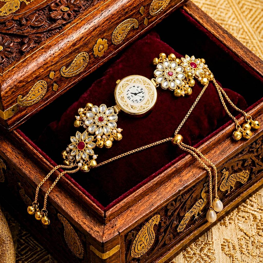 Gold Floral Bracelet Watch With White Kundan Petals & Adjustable Chain : JW-HSPS60MB2259