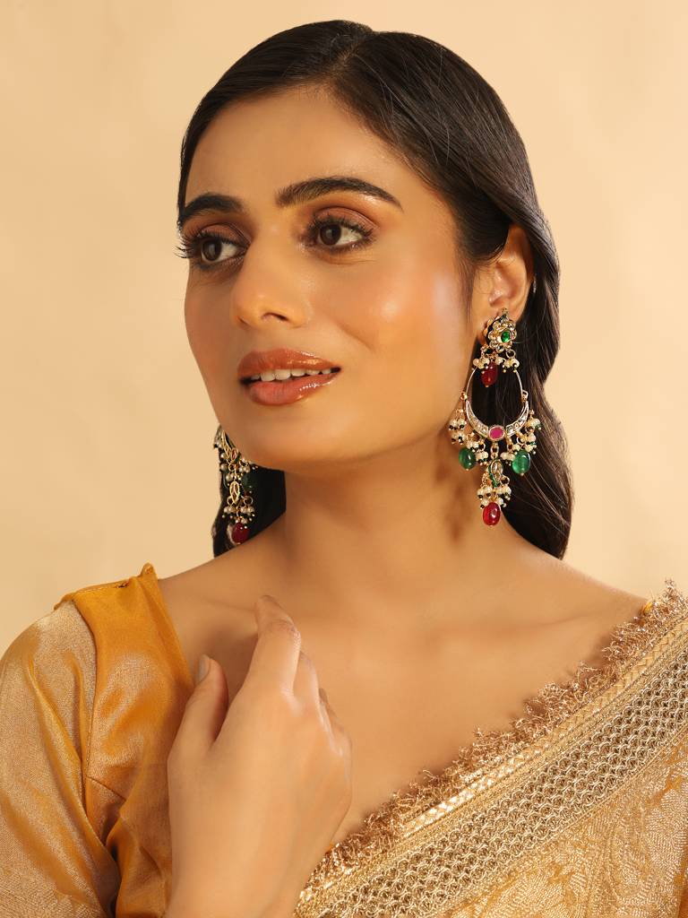22K Gold Plated Crescent Kundan Drop Stone Chandbali Earrings : YI24A0465E