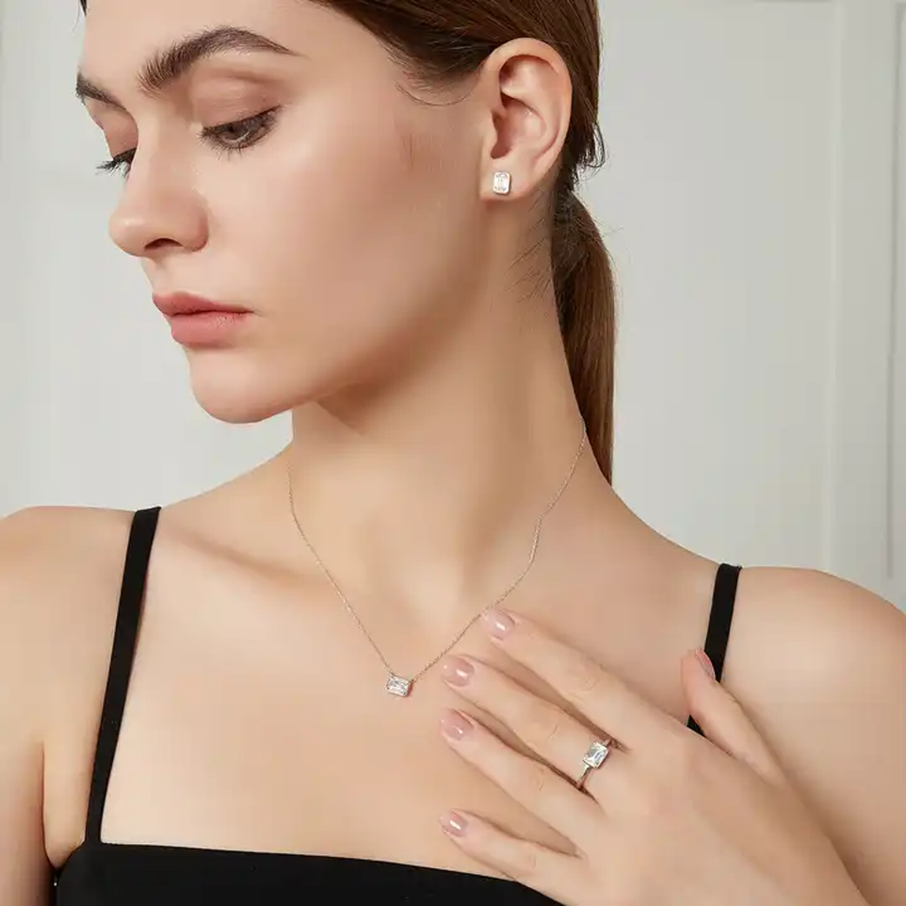 Crystal Clear Confidence Emerald Cut Moissanite Studs And Pendant : Emerald_12_MSN22052402