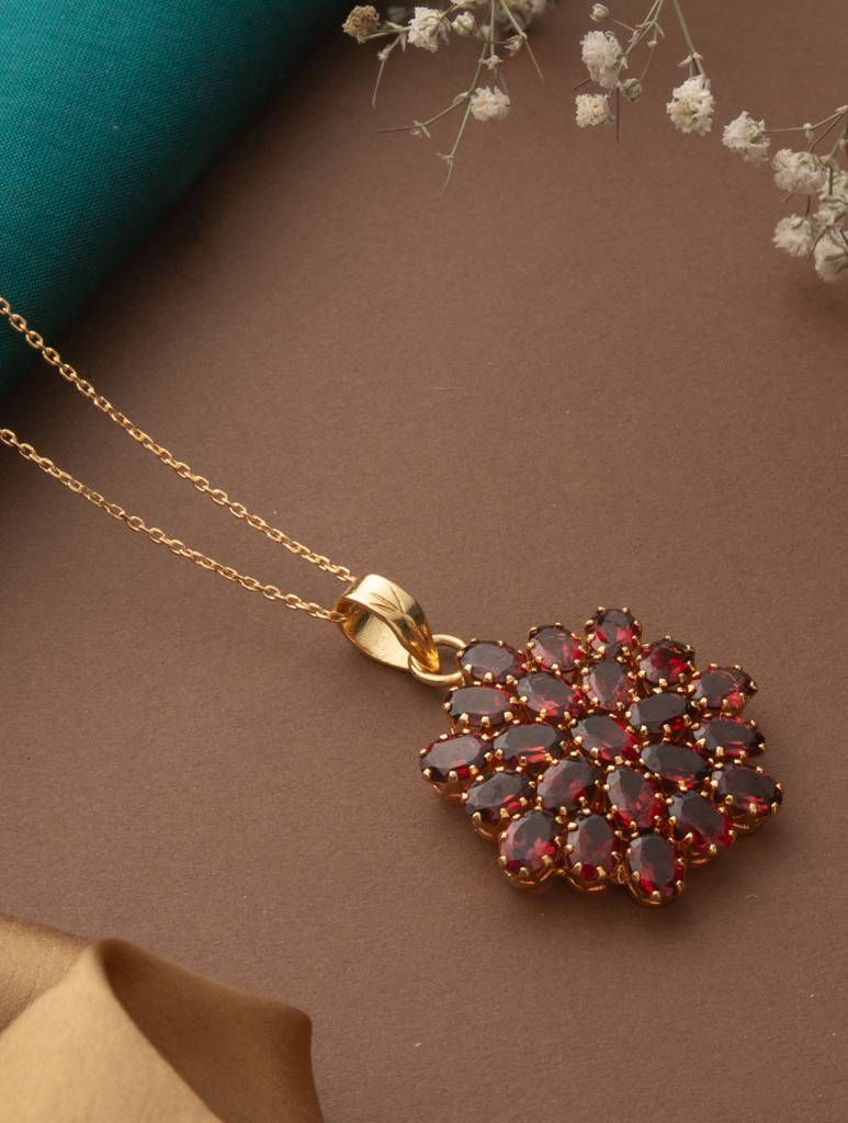 925 Sterling Silver Gold Plated Garnet Pendant With Chain For Women | Gemstone Pendant | Handmade Jewelry | Elegan : FU-040G-C