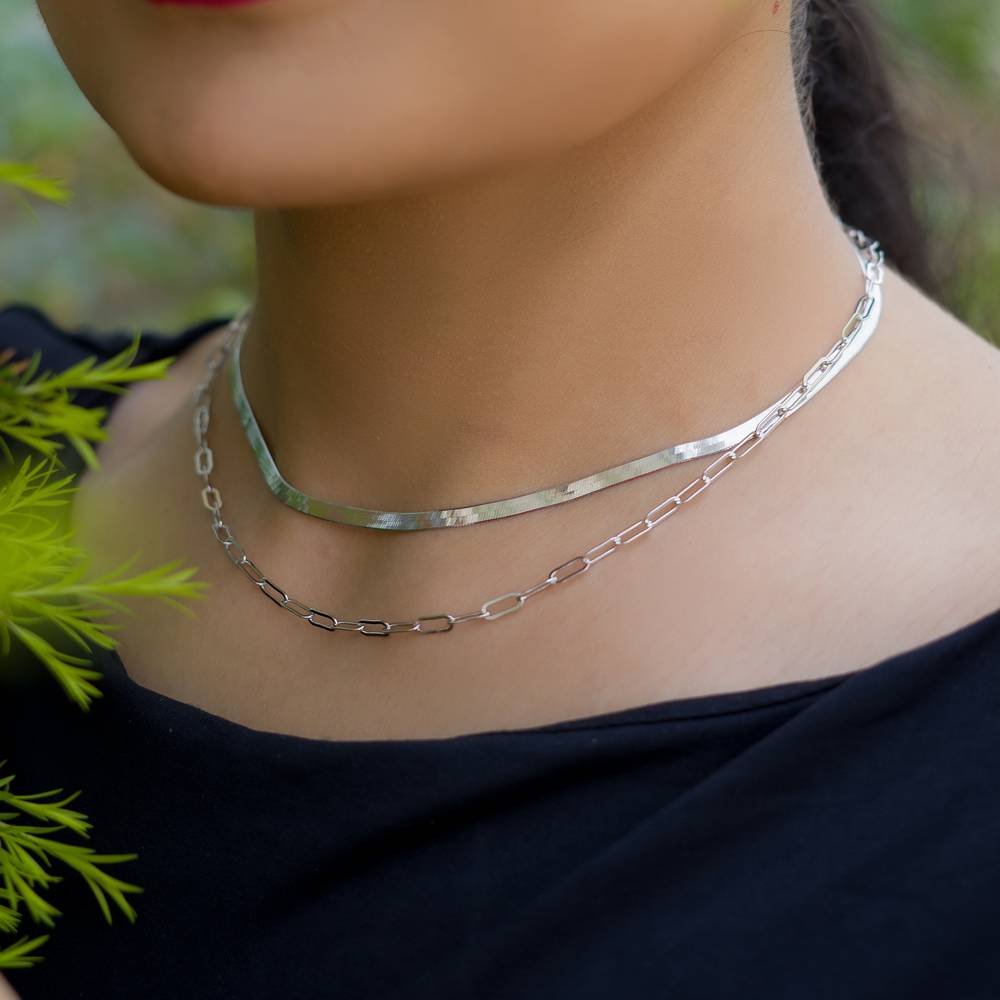 925 Silver Paperclip And Herringbone Necklace Set | : NL1056